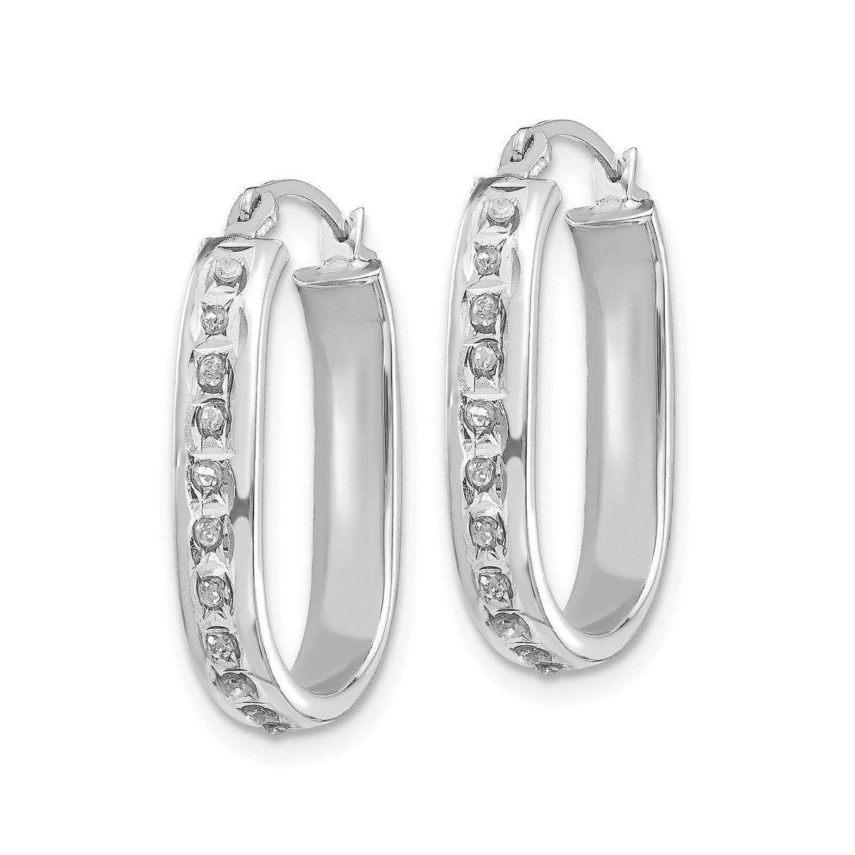 14k White Gold Hoop Earrings with Channel Set Round Diamonds, Sleek Rectangular Design