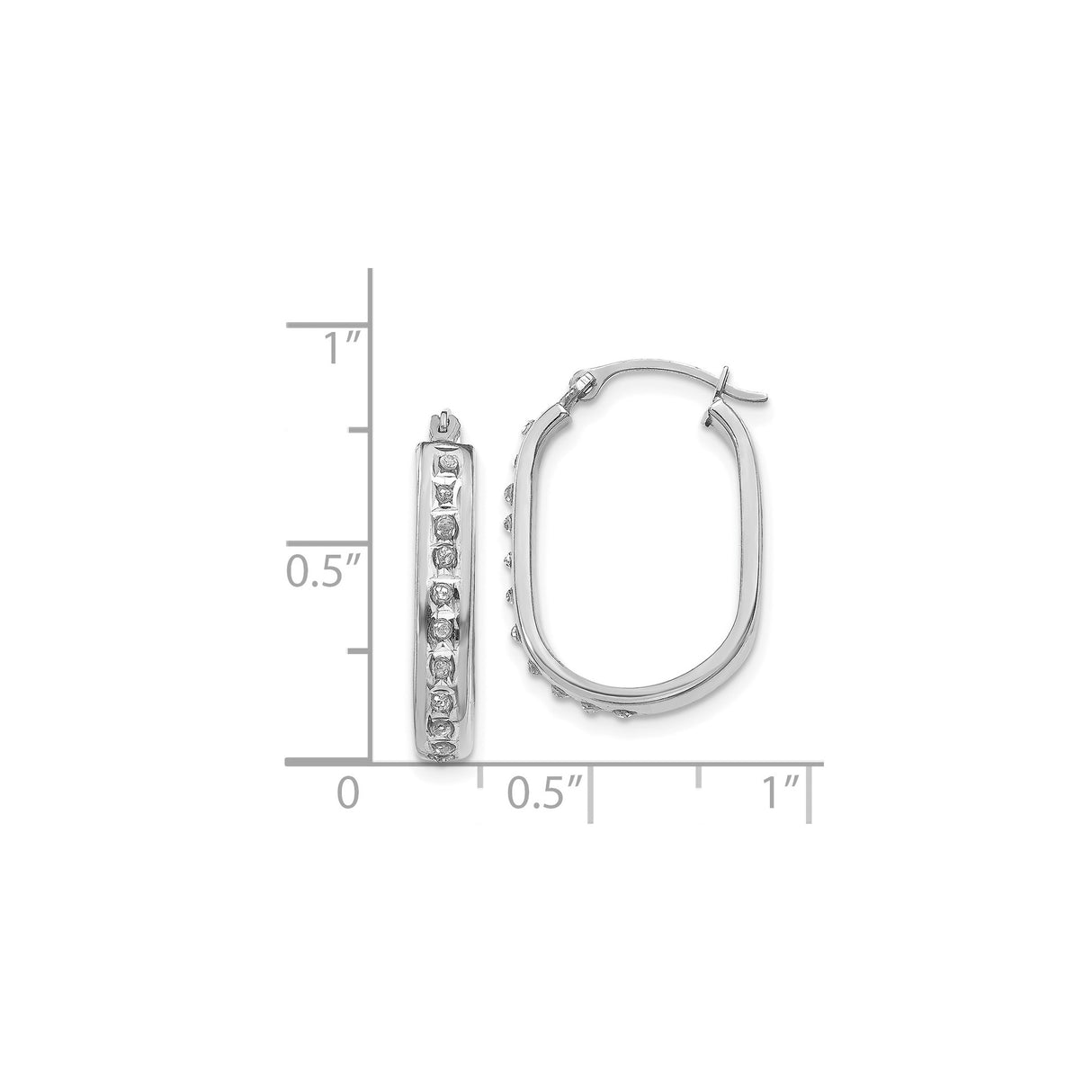 14k White Gold Hoop Earrings with Channel Set Round Diamonds, Sleek Rectangular Design