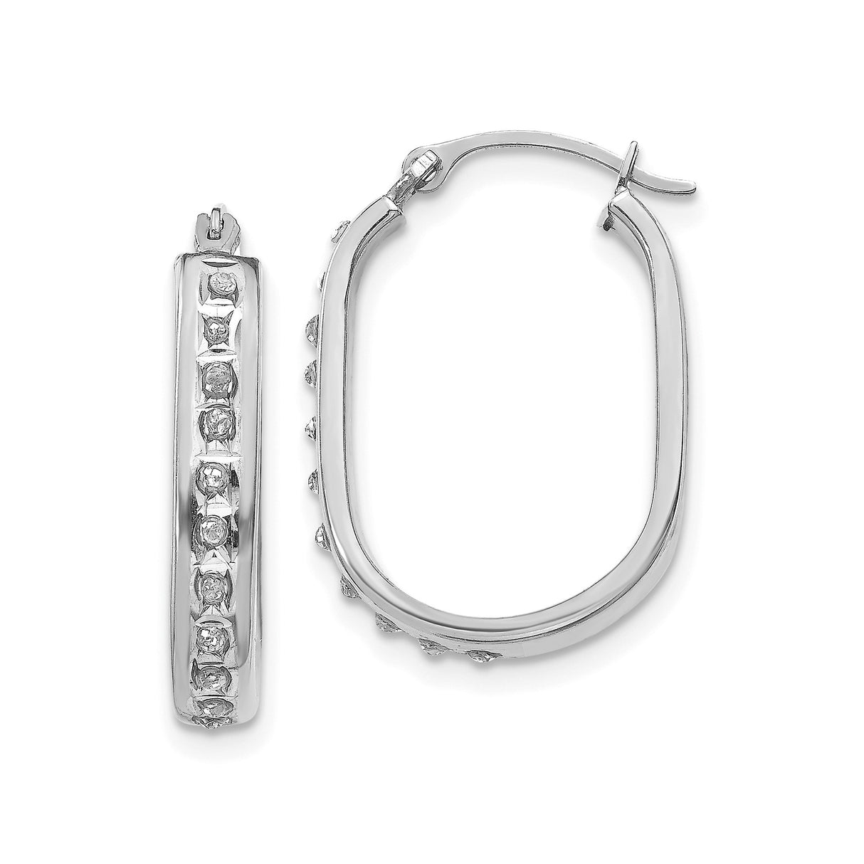 14k White Gold Hoop Earrings with Channel Set Round Diamonds, Sleek Rectangular Design