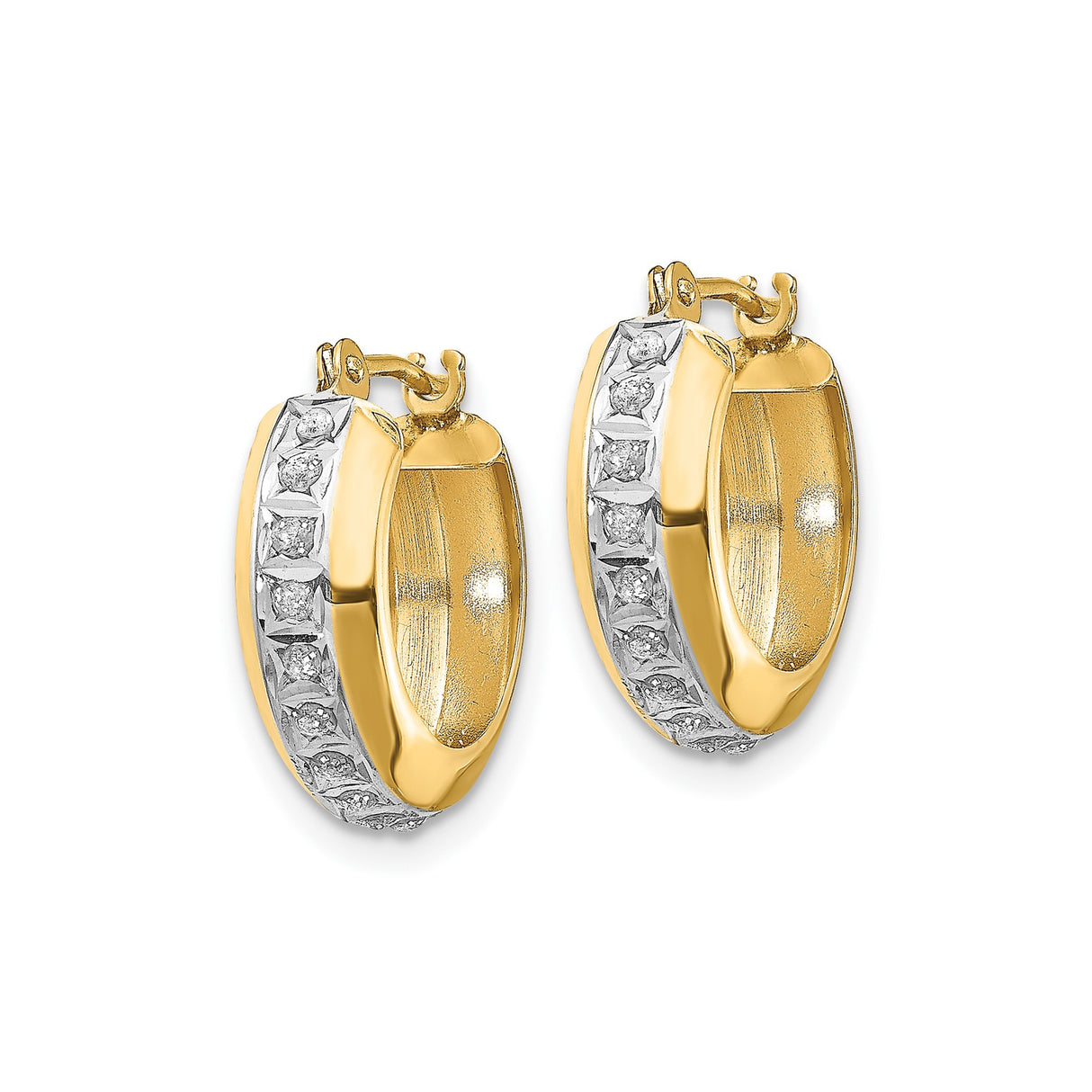 14k Yellow Gold Hoop Earrings with Channel Set Round Diamonds, Two-Tone Huggie Style