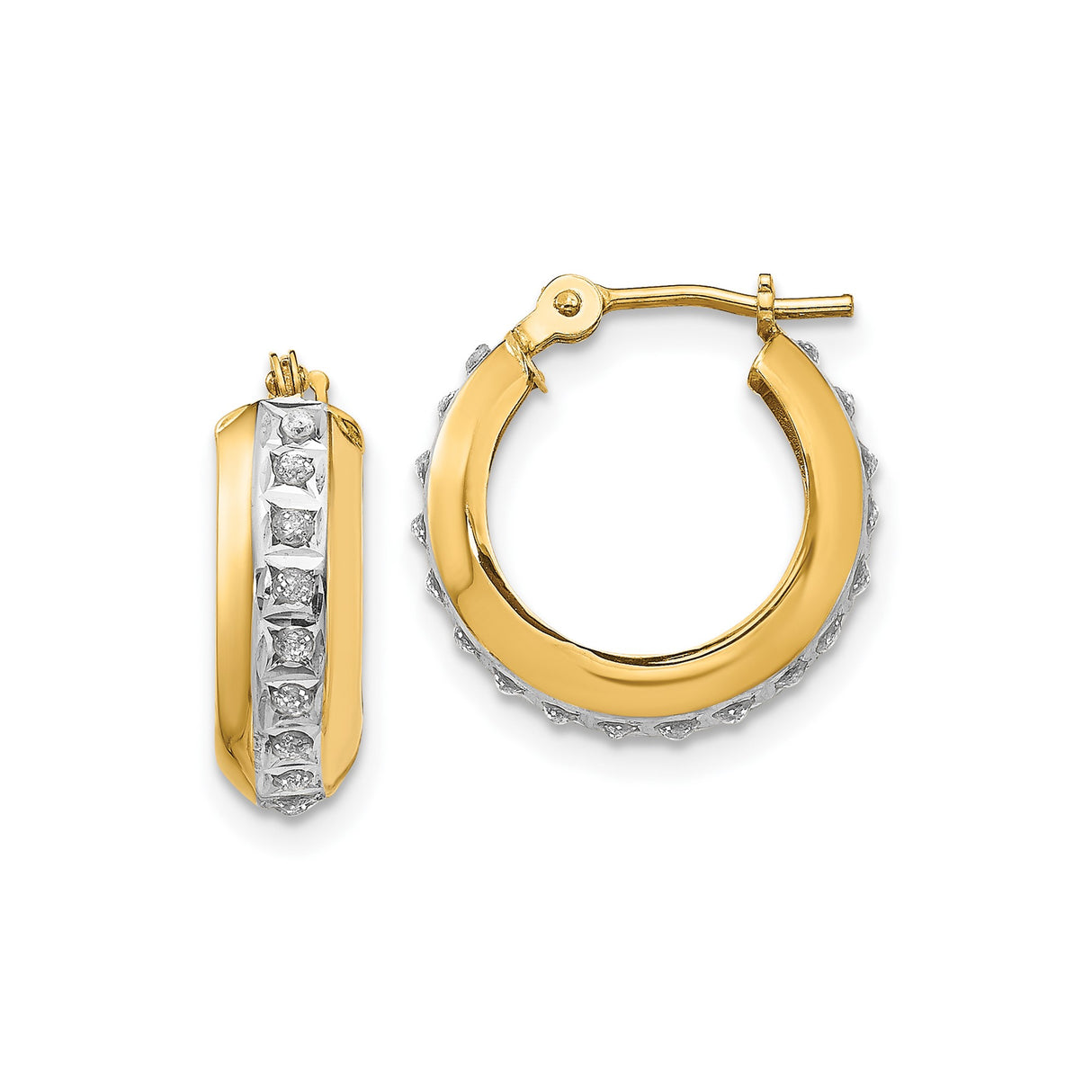 14k Yellow Gold Hoop Earrings with Channel Set Round Diamonds, Two-Tone Huggie Style