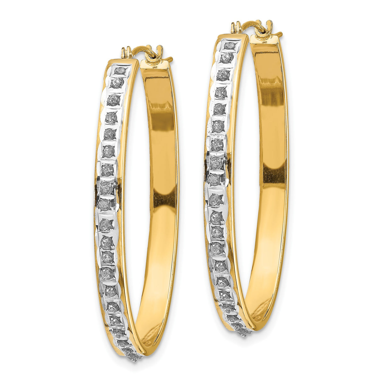 14k Yellow Gold Hoop Earrings with Channel Set Diamonds, Oval Hinged Design, Polished Finish