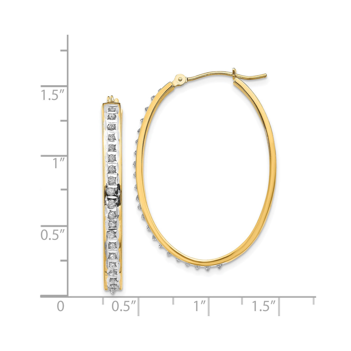14k Yellow Gold Hoop Earrings with Channel Set Diamonds, Oval Hinged Design, Polished Finish