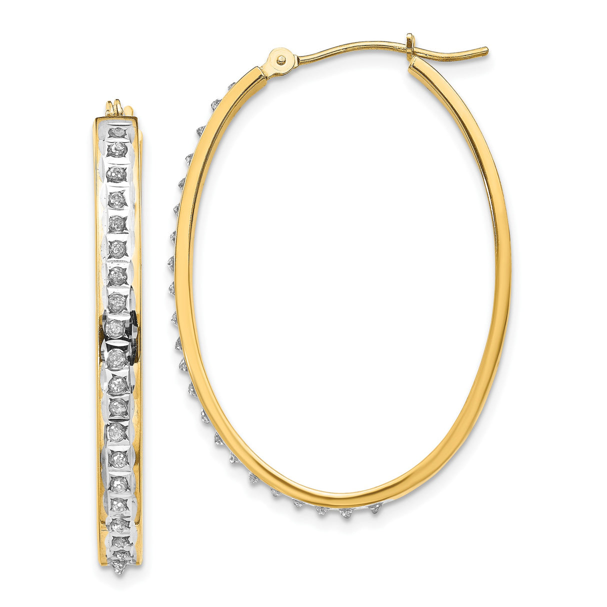 14k Yellow Gold Hoop Earrings with Channel Set Diamonds, Oval Hinged Design, Polished Finish