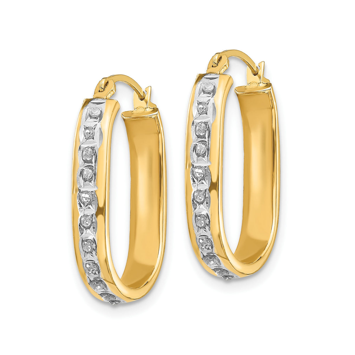 14k Yellow Gold Hoop Earrings with Channel Set Diamonds, Two-Tone Modern Polished Design