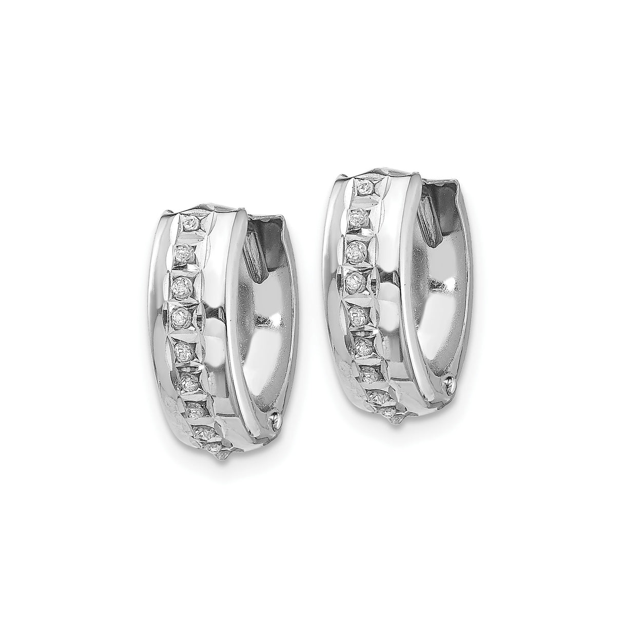14k White Gold Diamond Huggie Hoop Earrings with Channel Set Round Diamonds
