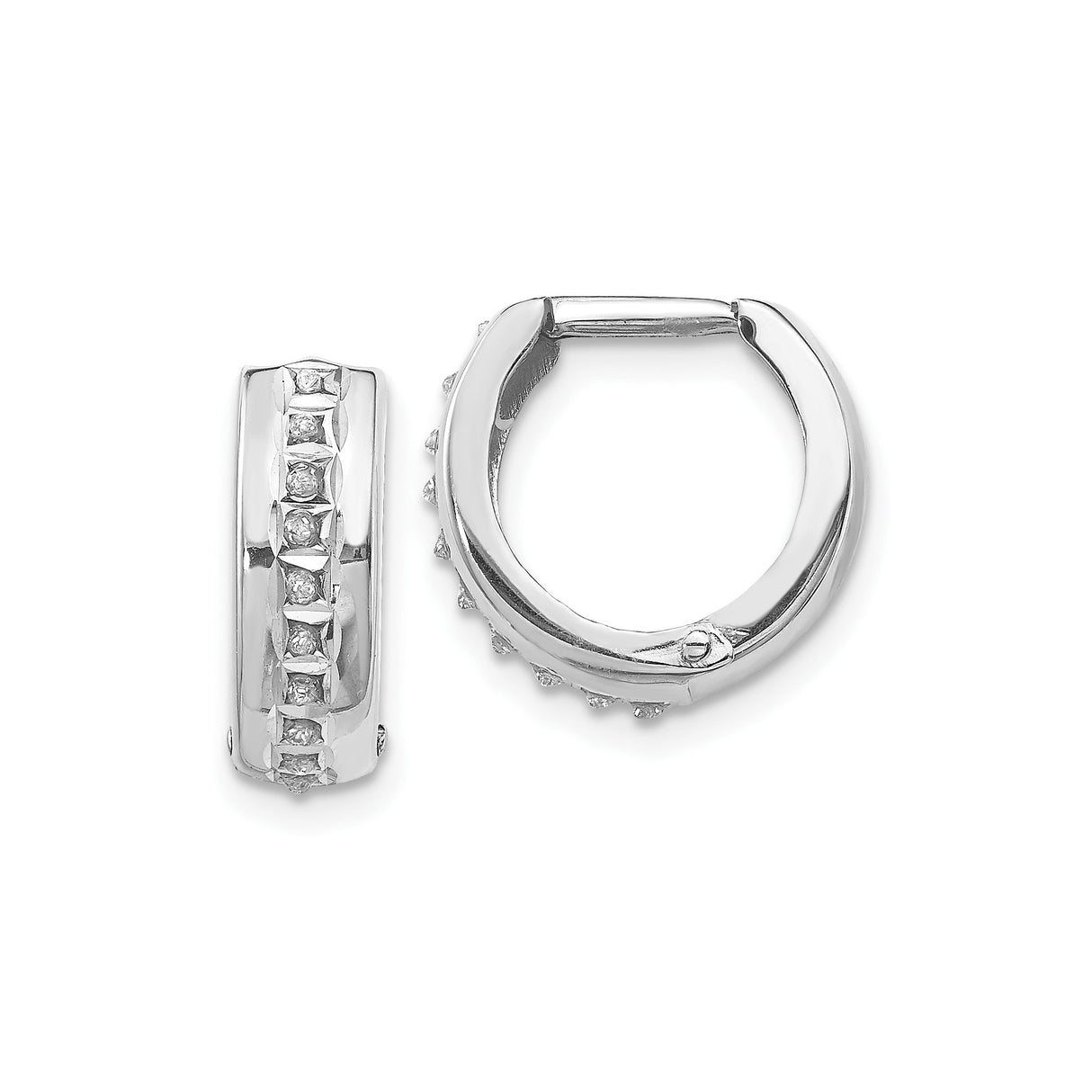 14k White Gold Diamond Huggie Hoop Earrings with Channel Set Round Diamonds