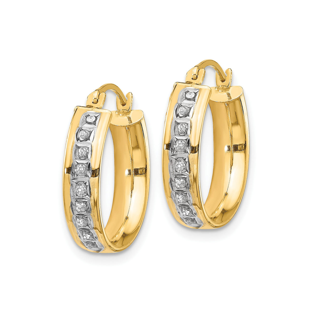 14k Yellow Gold Hoop Earrings with Channel-Set Diamonds, Classic Round Hinged Design