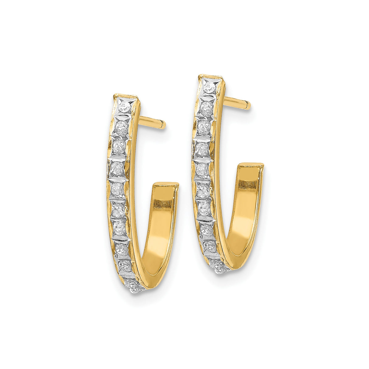 14k Yellow Gold Hoop Earrings with Channel Set Diamonds, Sleek Modern J Hoops