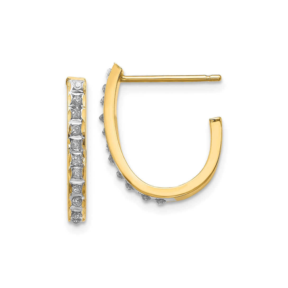 14k Yellow Gold Hoop Earrings with Channel Set Cubic Zirconia, Sleek Modern J Hoops