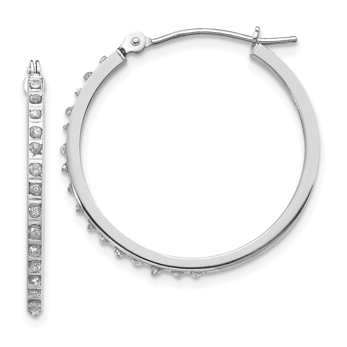 14k White Gold Hoop Earrings with Diamond Cut Design and Channel Set Cubic Zirconia