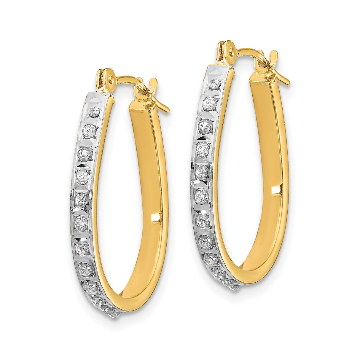 14k Yellow Gold Teardrop Hoop Earrings with Diamond and Cubic Zirconia Accents, Two Tone Oval Design