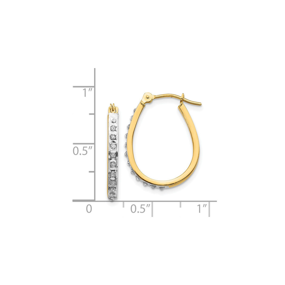 14k Yellow Gold Teardrop Hoop Earrings with Diamond and Cubic Zirconia Accents, Two Tone Oval Design