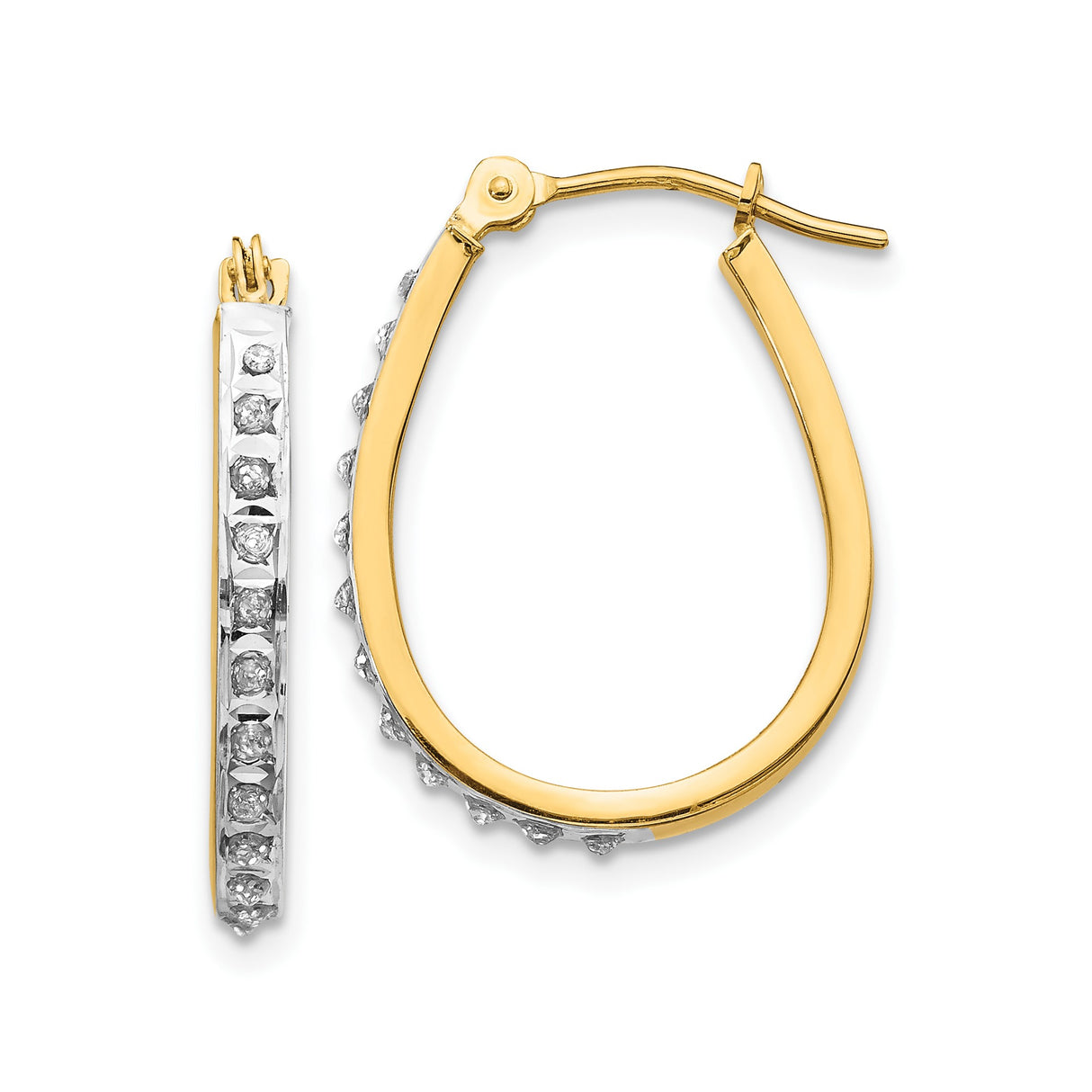 14k Yellow Gold Teardrop Hoop Earrings with Diamond and Cubic Zirconia Accents, Two Tone Oval Design