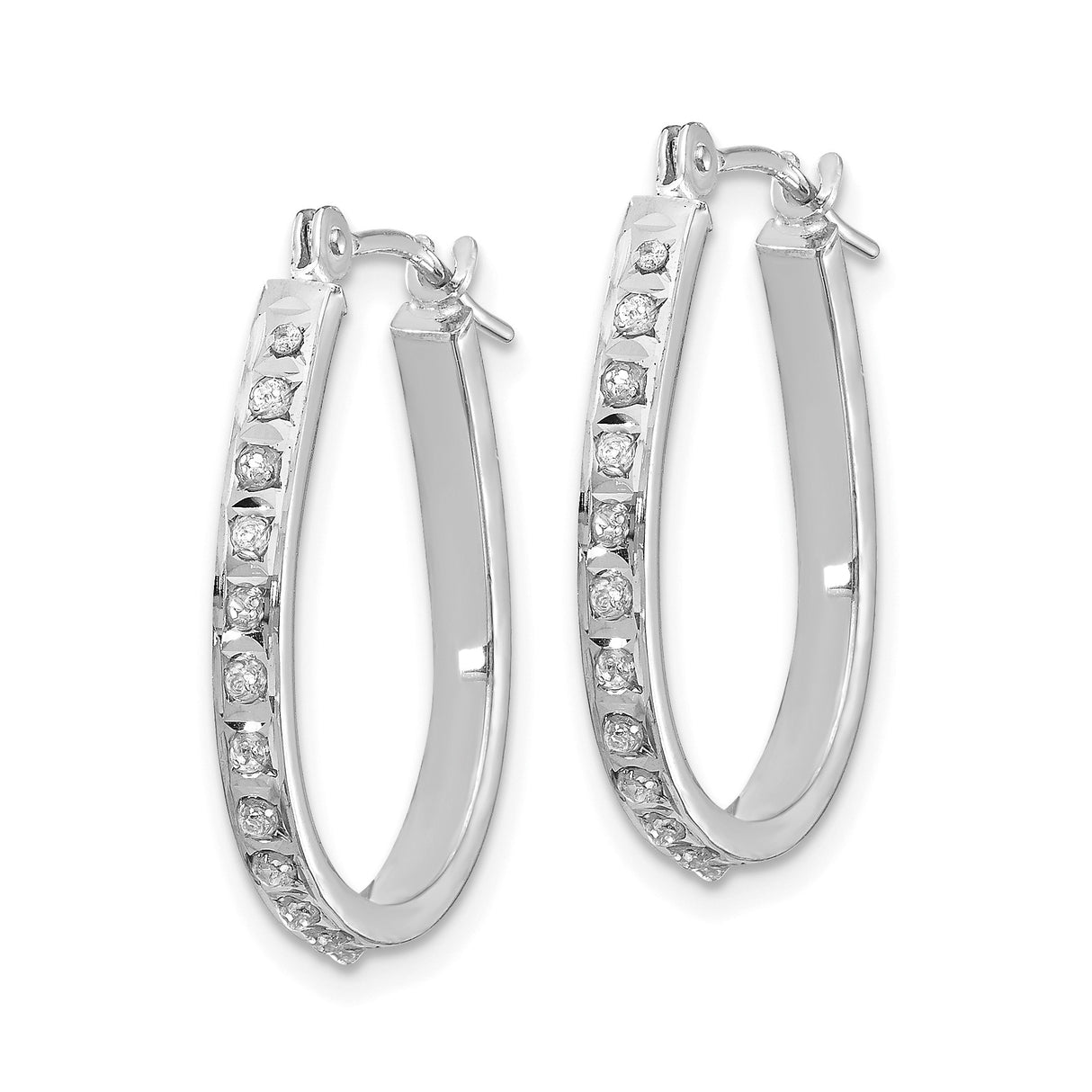 14k White Gold Hoop Earrings with Round Cut Diamonds, Inside-Out Oval Hinged Design