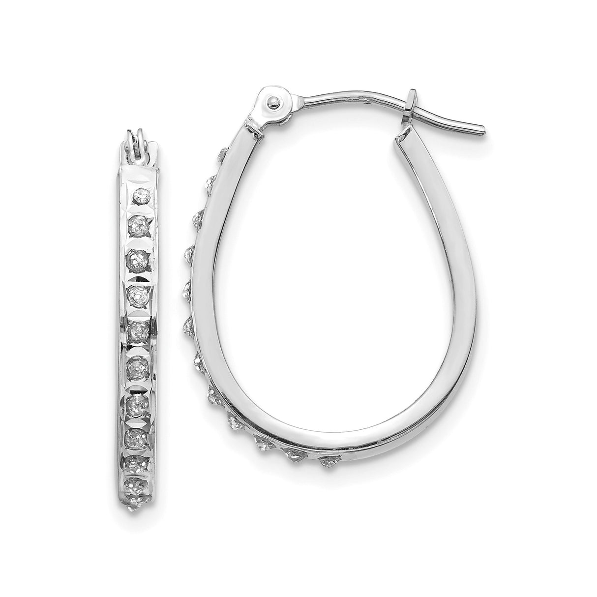 14k White Gold Hoop Earrings with Round Cut Diamonds, Inside-Out Oval Hinged Design
