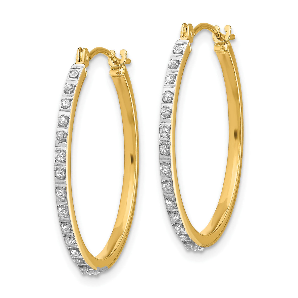 14k Yellow Gold Hoop Earrings with Round Cut Diamonds, Rhodium Channel Set, Medium Size