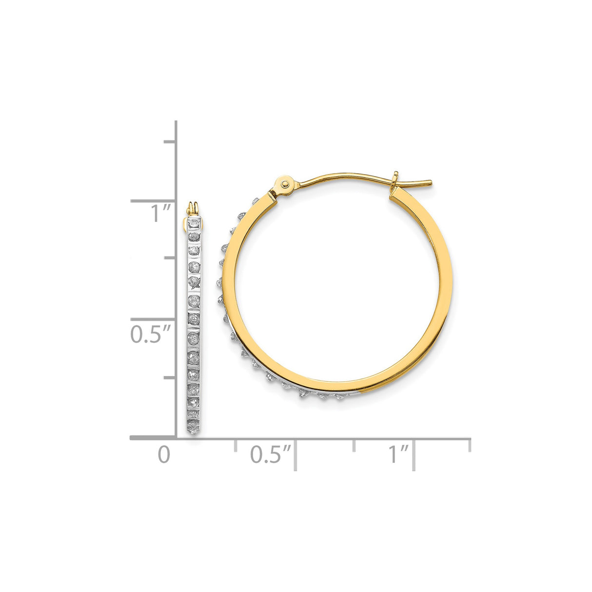14k Yellow Gold Hoop Earrings with Round Cut Diamonds, Rhodium Channel Set, Medium Size
