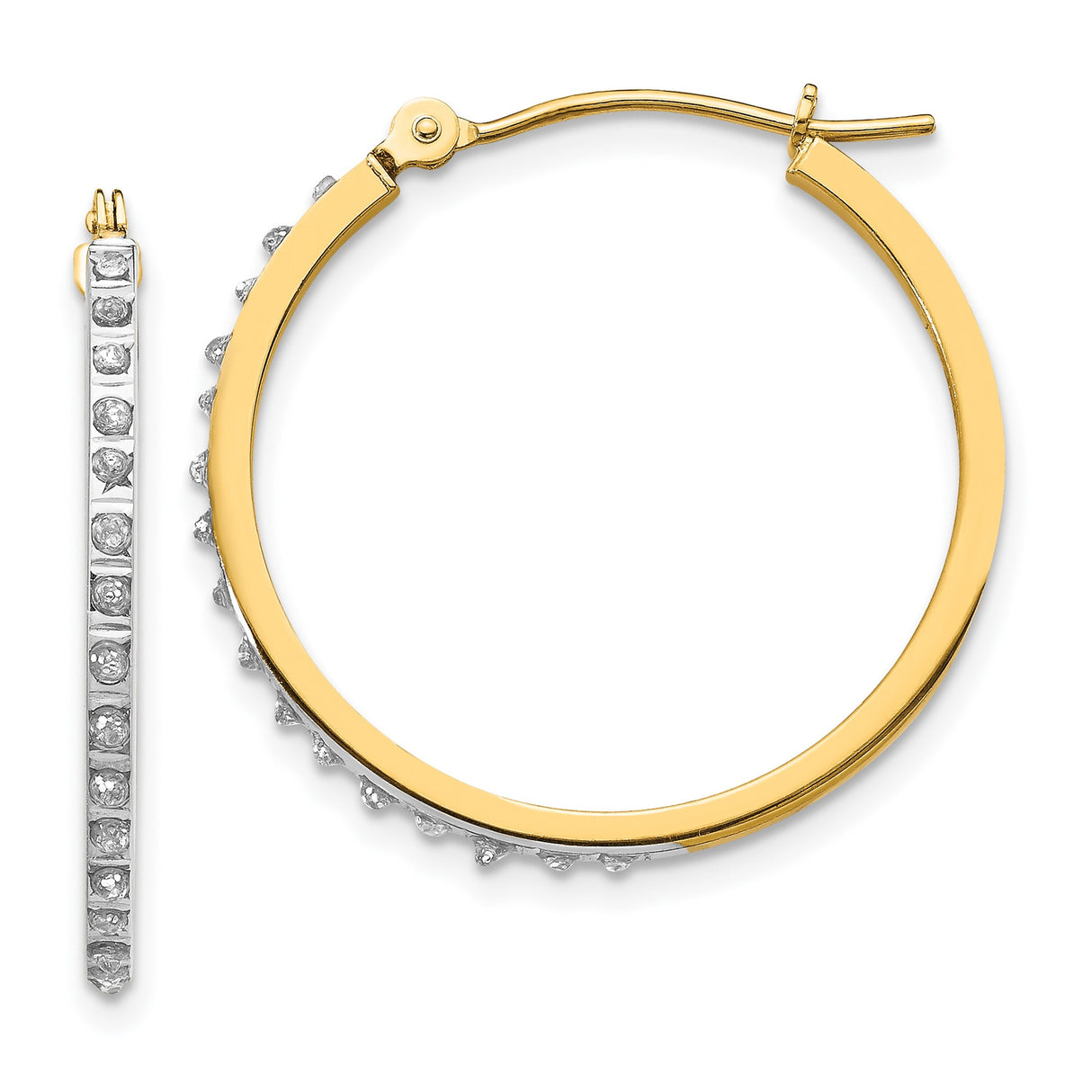 14k Yellow Gold Hoop Earrings with Round Cut Diamonds, Rhodium Channel Set, Medium Size