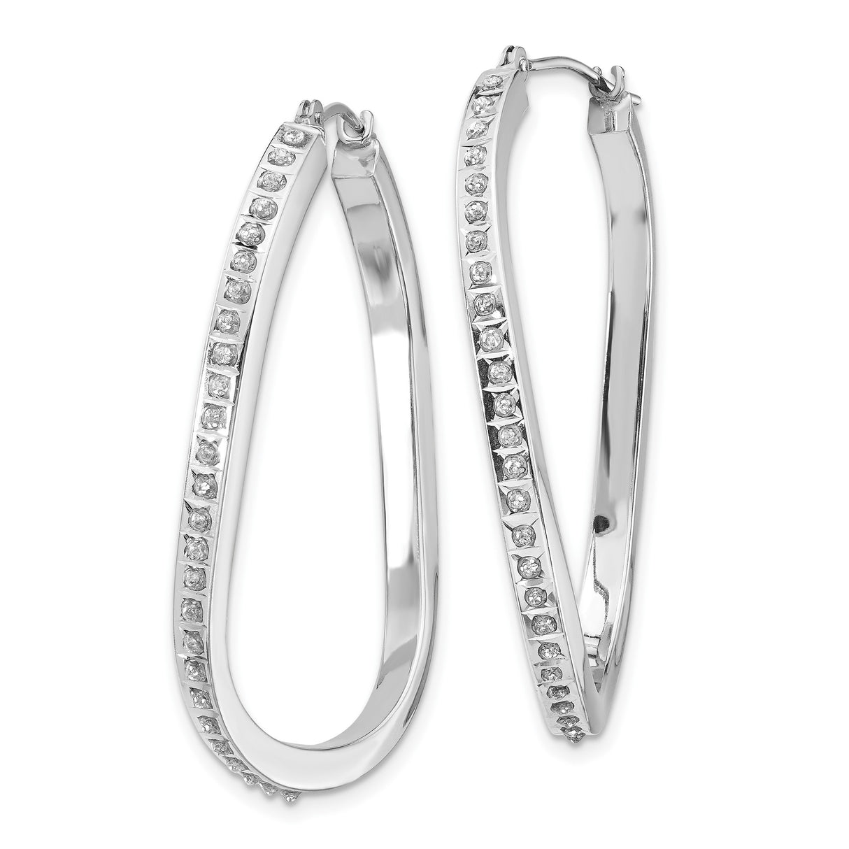 14k White Gold Twisted Oval Hoop Earrings with Diamond Accents, Modern Hinged Design