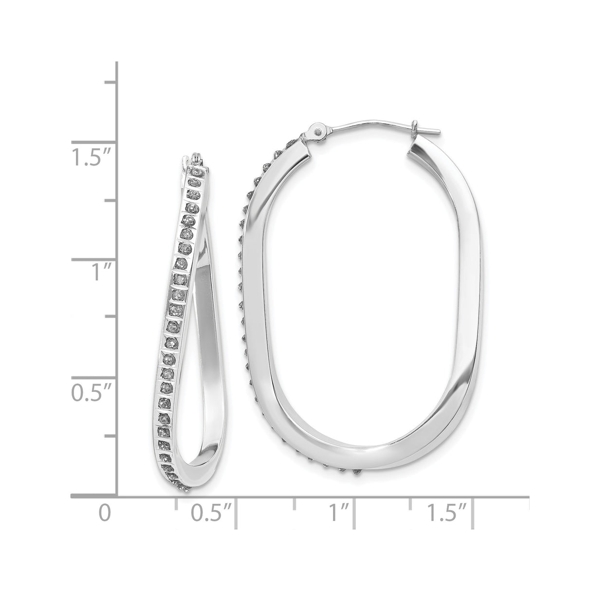 14k White Gold Twisted Oval Hoop Earrings with Diamond Accents, Modern Hinged Design