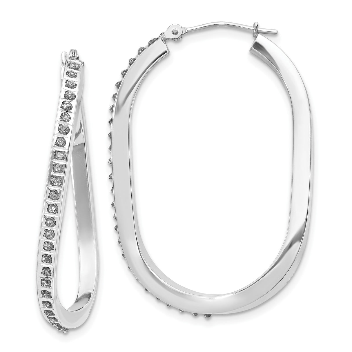 14k White Gold Twisted Oval Hoop Earrings with Diamond Accents, Modern Hinged Design