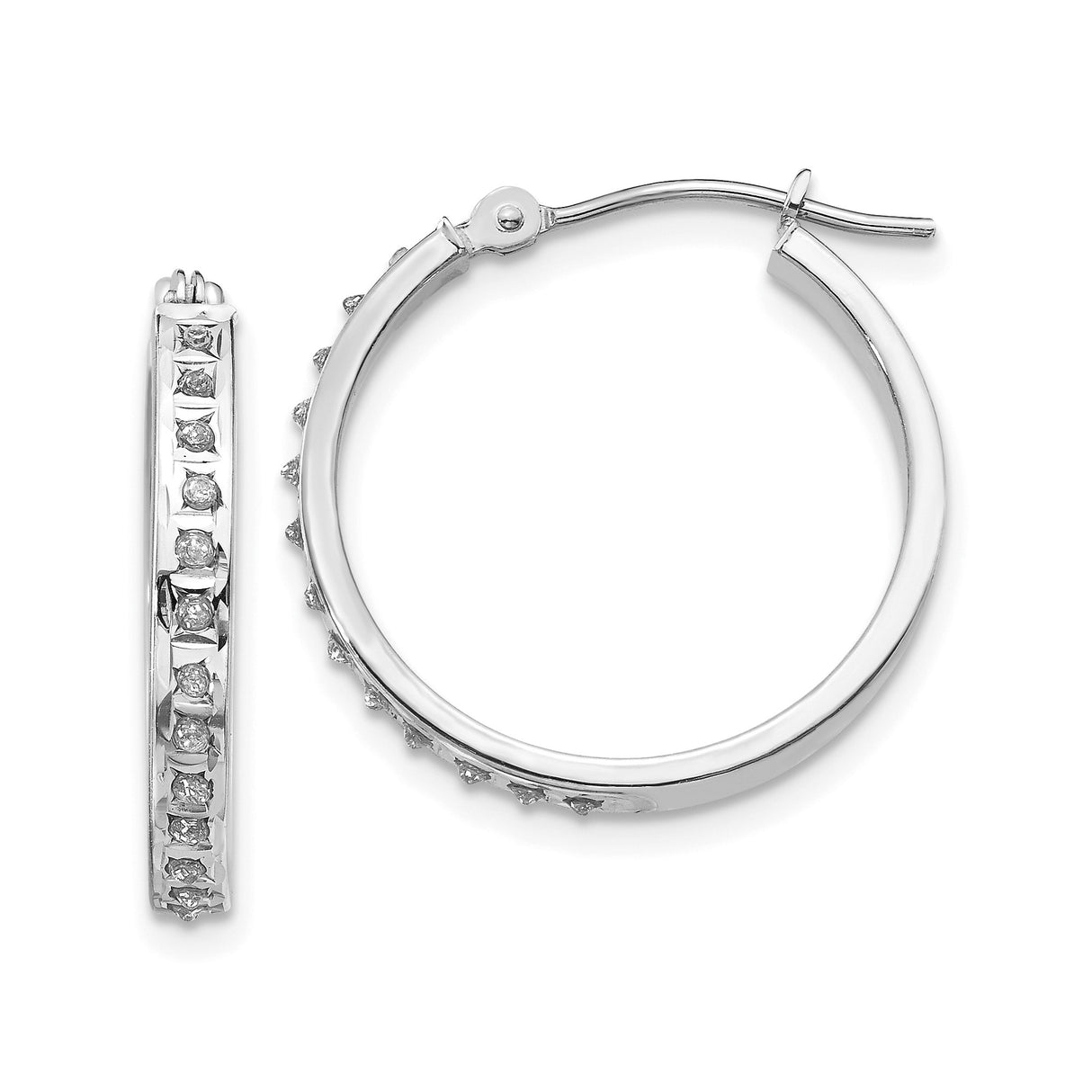 14k White Gold Hoop Earrings with Channel-Set Round Diamonds, Classic Hinged Style for Women