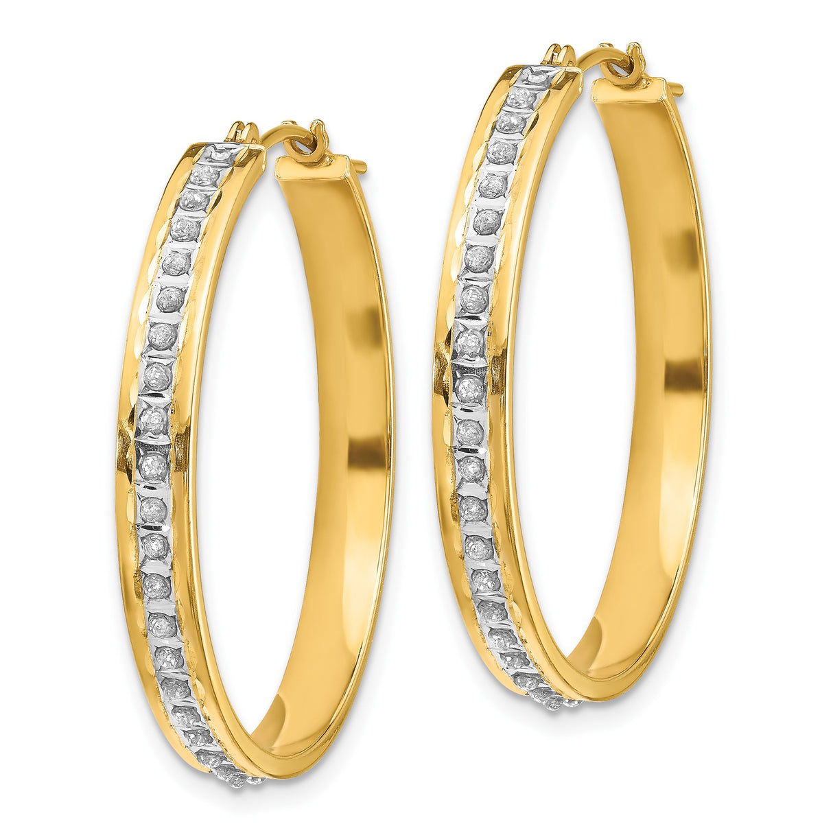 14k Yellow Gold Hoop Earrings with Channel Set Round Diamonds, Polished Front-Facing Style
