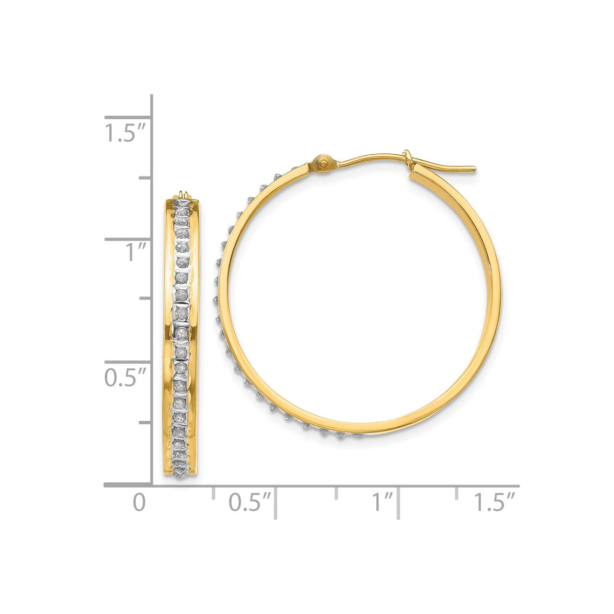 14k Yellow Gold Hoop Earrings with Channel Set Round Diamonds, Polished Front-Facing Style