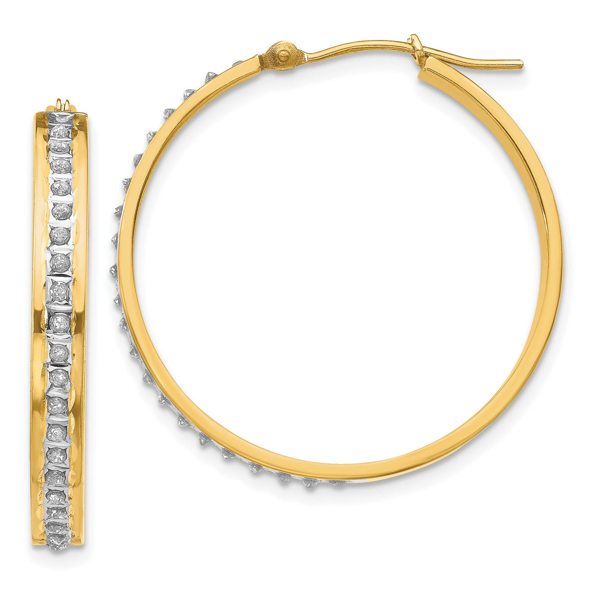 14k Yellow Gold Hoop Earrings with Channel Set Round Diamonds, Polished Front-Facing Style