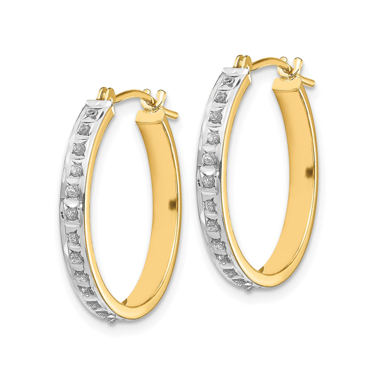 14k Yellow Gold Hoop Earrings with Channel Set Round Diamonds and White Gold Accent
