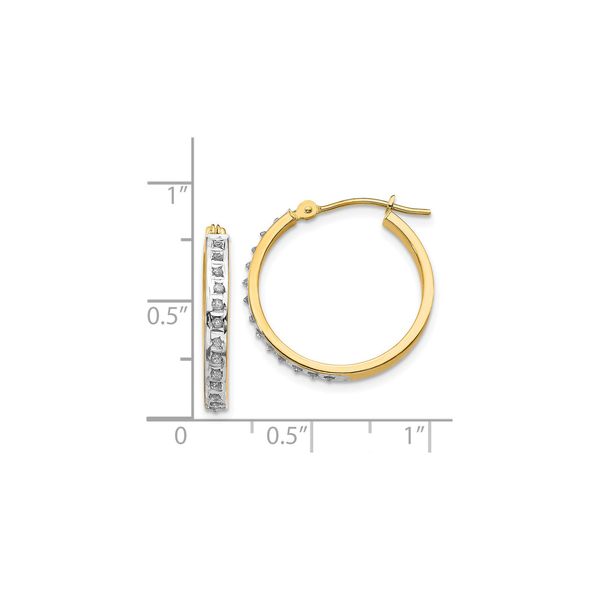 14k Yellow Gold Hoop Earrings with Channel Set Round Diamonds and White Gold Accent