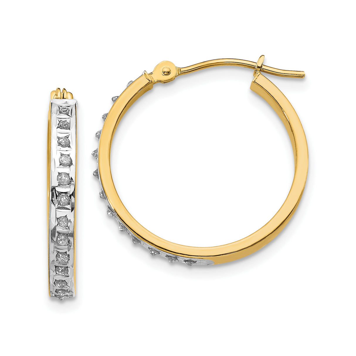 14k Yellow Gold Hoop Earrings with Channel Set Round Diamonds and White Gold Accent
