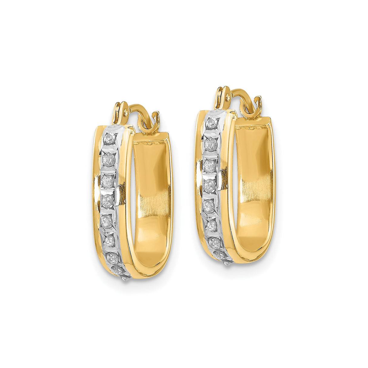 14k Yellow Gold Hoop Earrings with Diamonds, Prong Set in White Gold Channels, Modern Squared Design