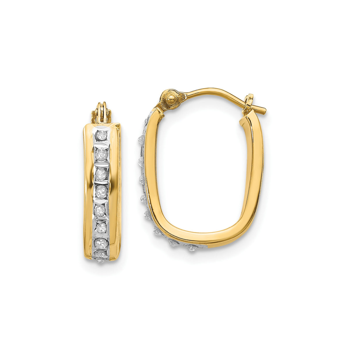 14k Yellow Gold Hoop Earrings with Diamonds, Prong Set in White Gold Channels, Modern Squared Design