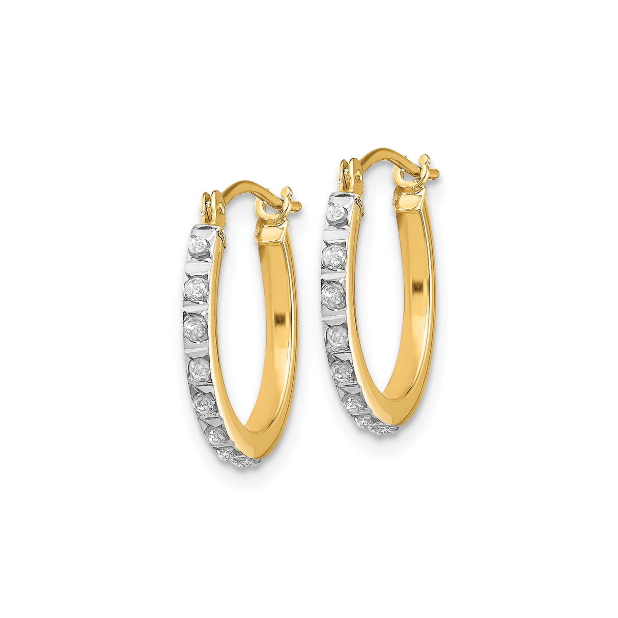 14k Yellow Gold Hoop Earrings with Diamonds, Two Tone Channel Set, Leverback Closure