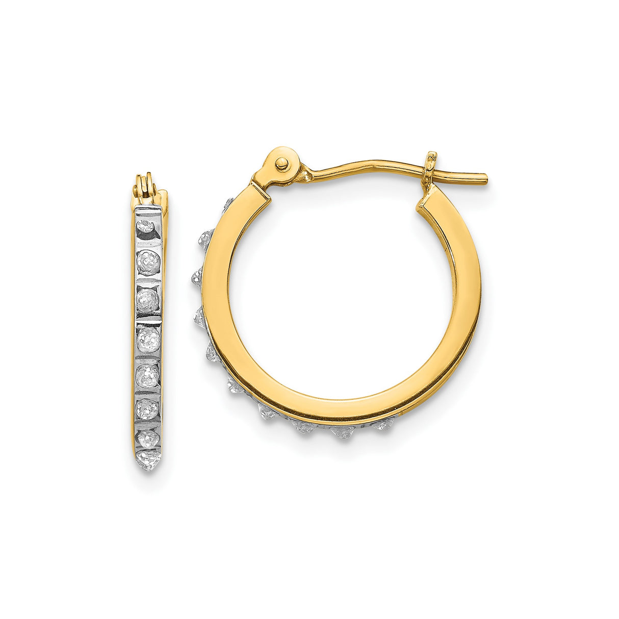 14k Yellow Gold Hoop Earrings with Cubic Zirconia, Two Tone Channel Set, Leverback Closure