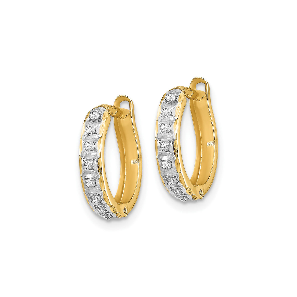 14k Yellow Gold Hoop Earrings with Diamond, White Gold Accents, Hinged Small Round Hoops