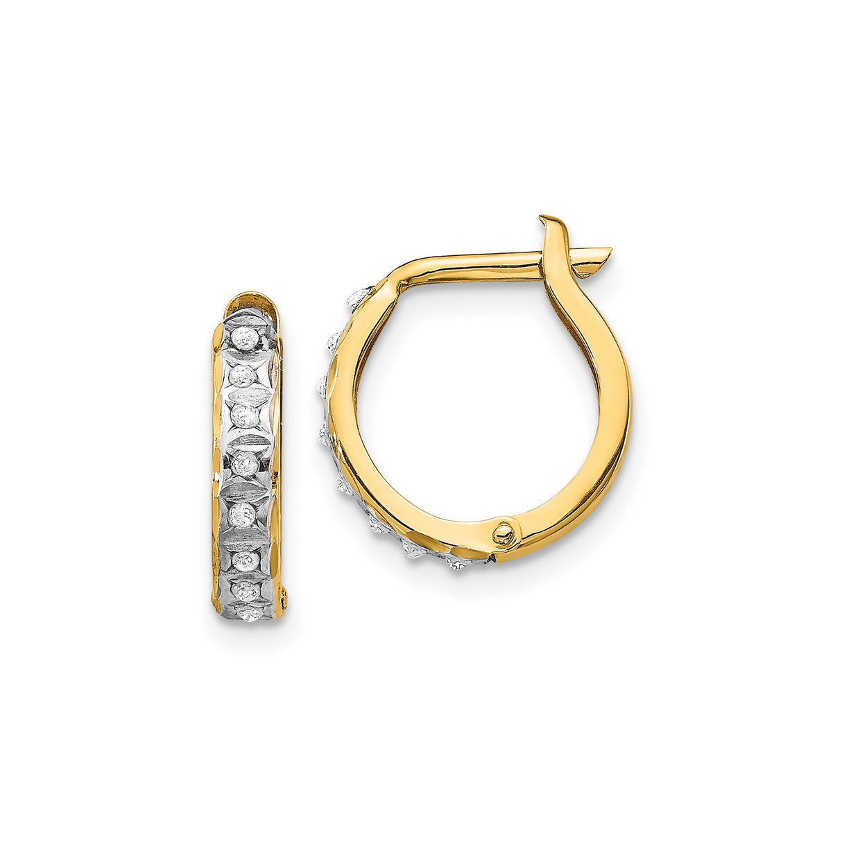 14k Yellow Gold Hoop Earrings with Diamond, White Gold Accents, Hinged Small Round Hoops