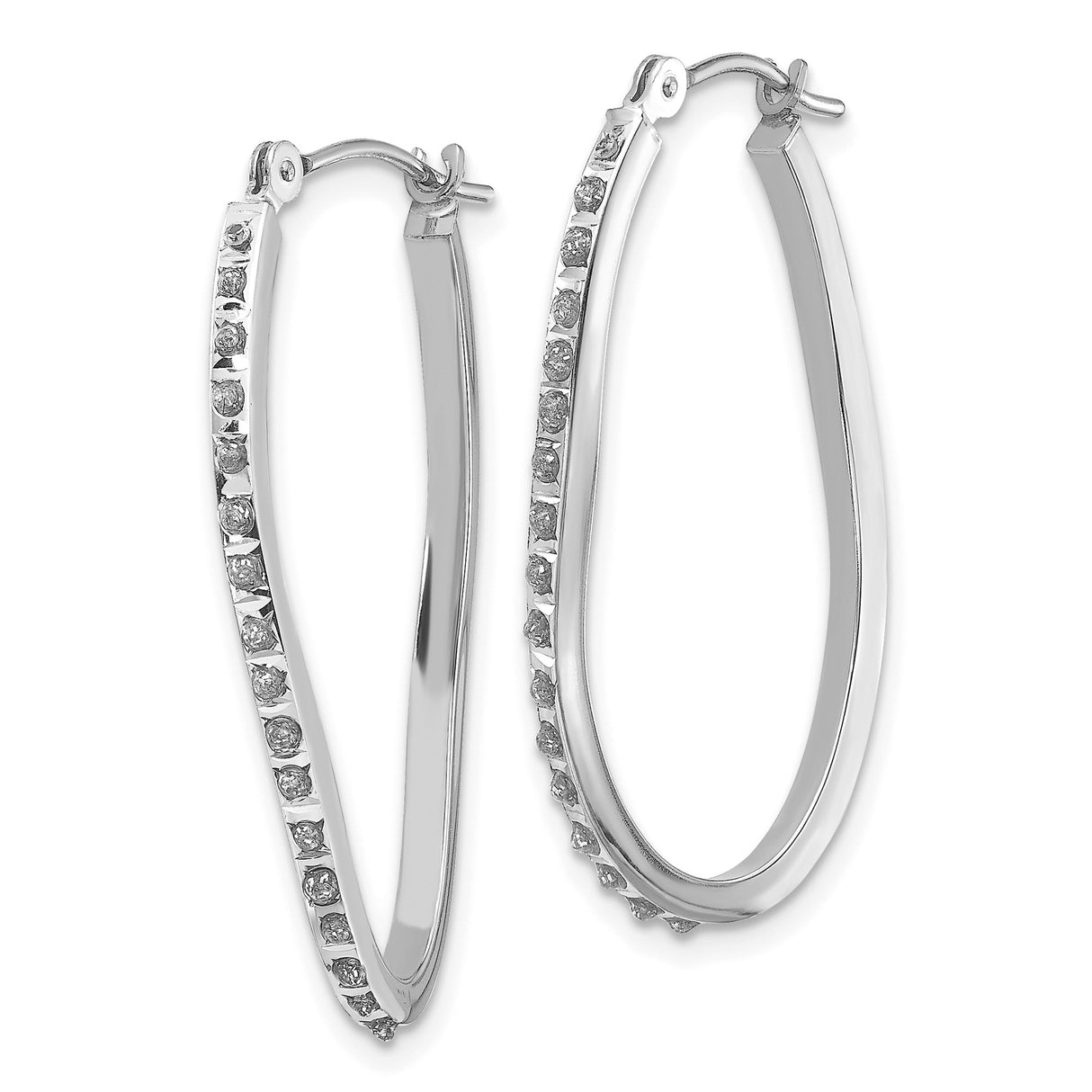 14k White Gold Oval Twist Hoop Earrings with Diamond Accents, Polished Twisted Design