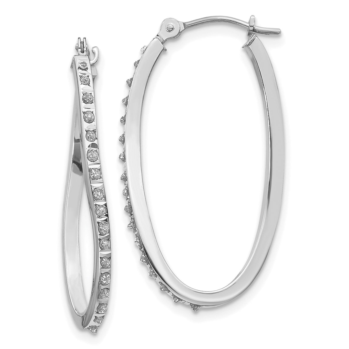 14k White Gold Oval Twist Hoop Earrings with Diamond Accents, Polished Twisted Design