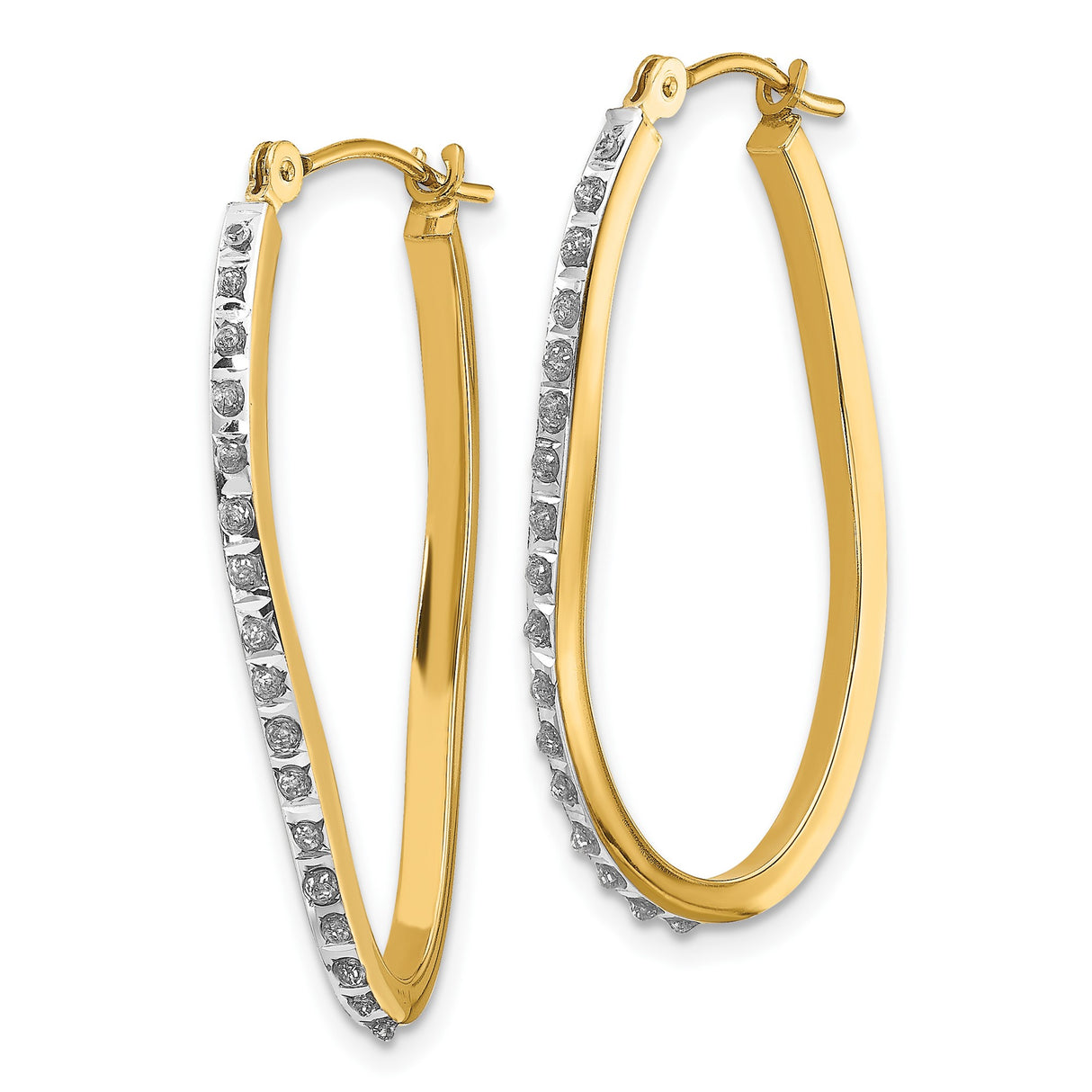 14k Yellow Gold Oval Hoop Earrings with Diamond, Twisted Design, Lightweight Modern Style