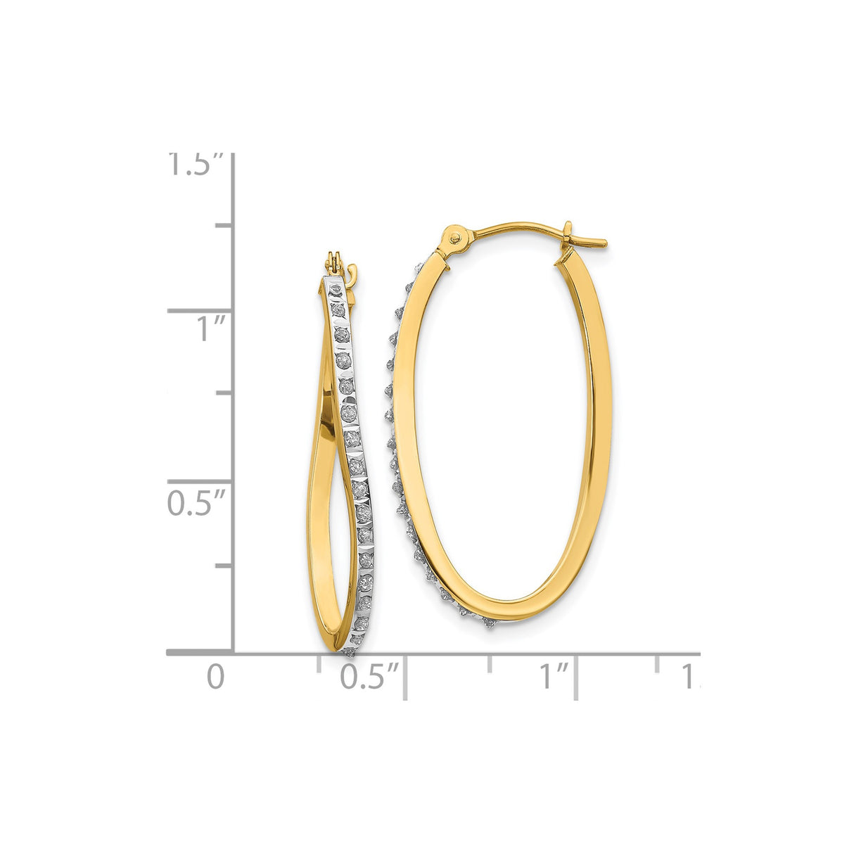 14k Yellow Gold Oval Hoop Earrings with Diamond, Twisted Design, Lightweight Modern Style