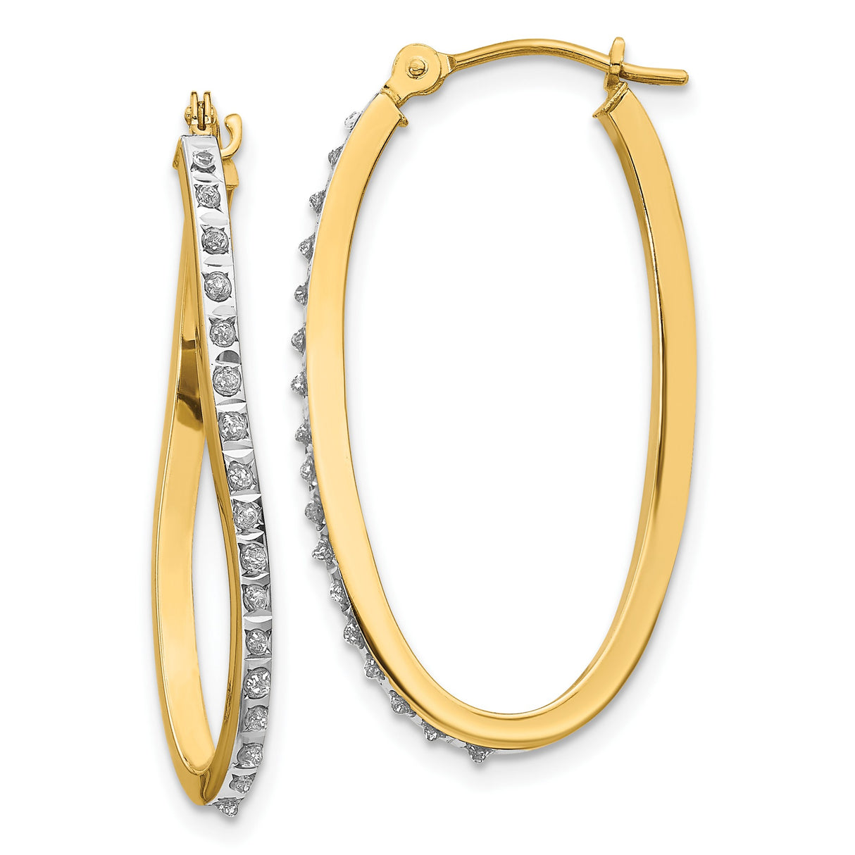 14k Yellow Gold Oval Hoop Earrings with Diamond, Twisted Design, Lightweight Modern Style
