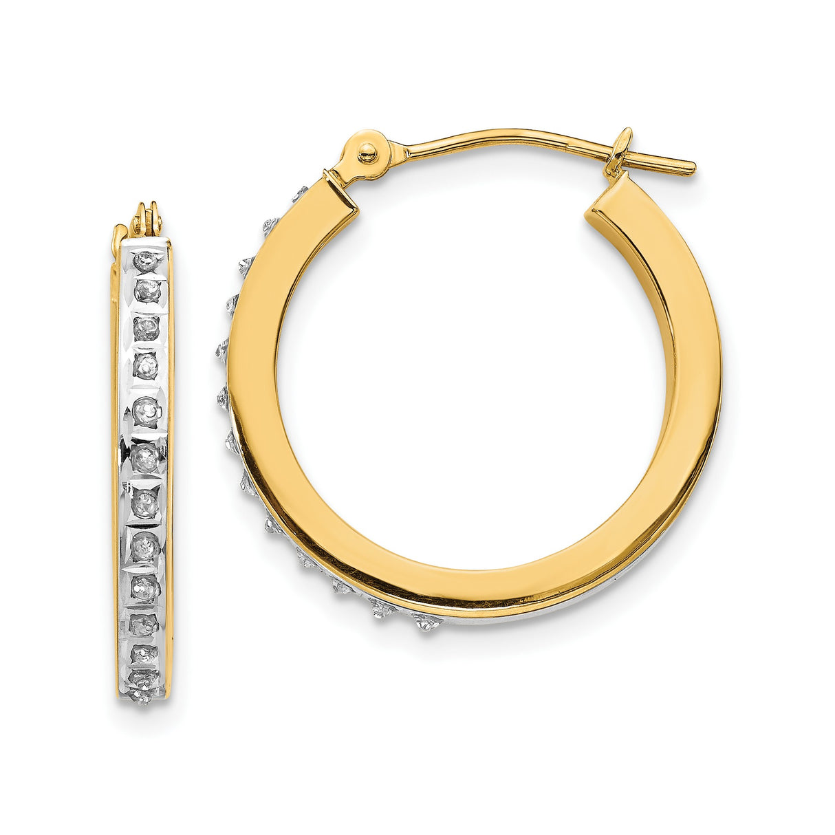 14k Yellow Gold Hoop Earrings with Channel Set Diamonds, Classic Medium Hoops for Women
