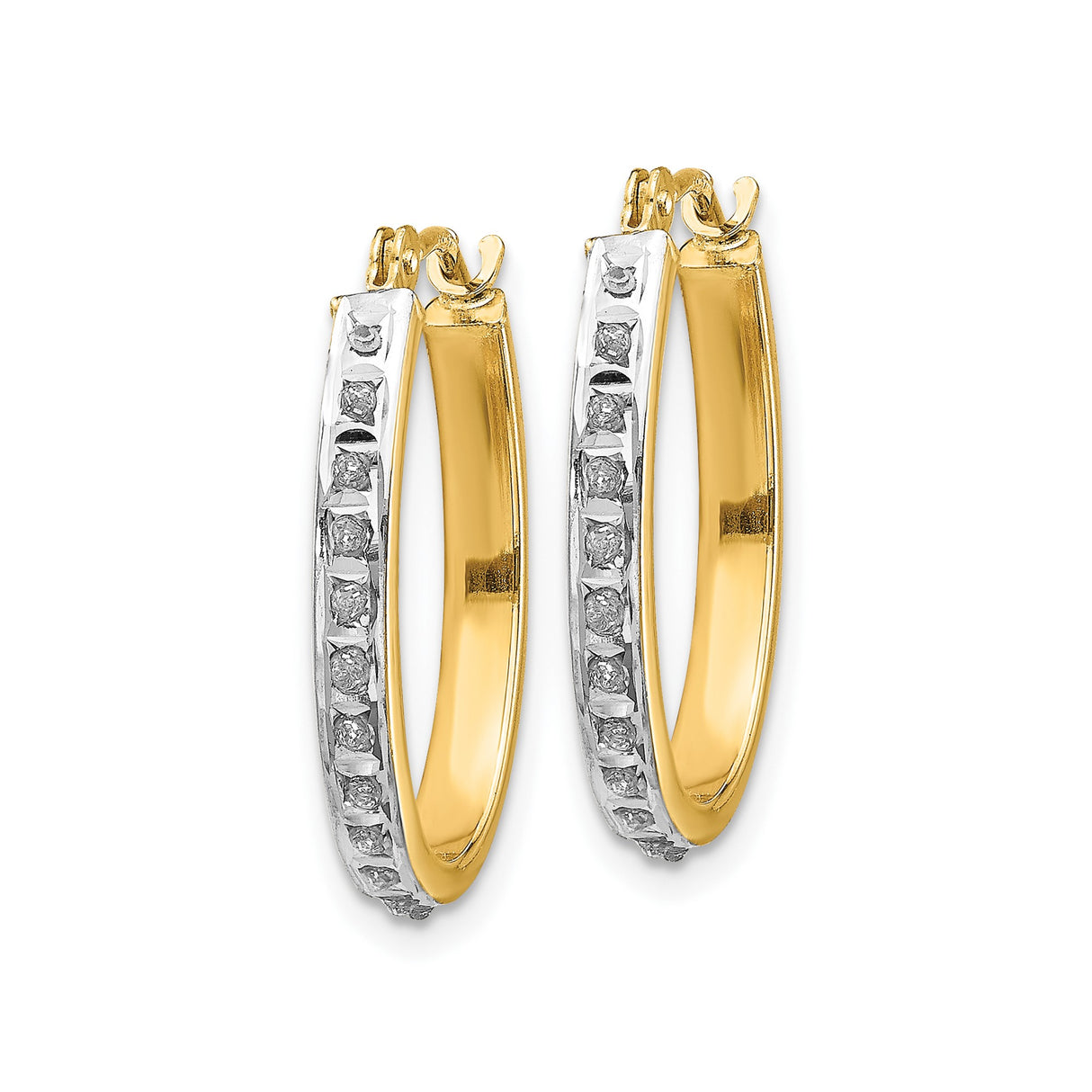 14k Yellow Gold Hoop Earrings with Diamonds and White Gold Accents, Oval Classic Design