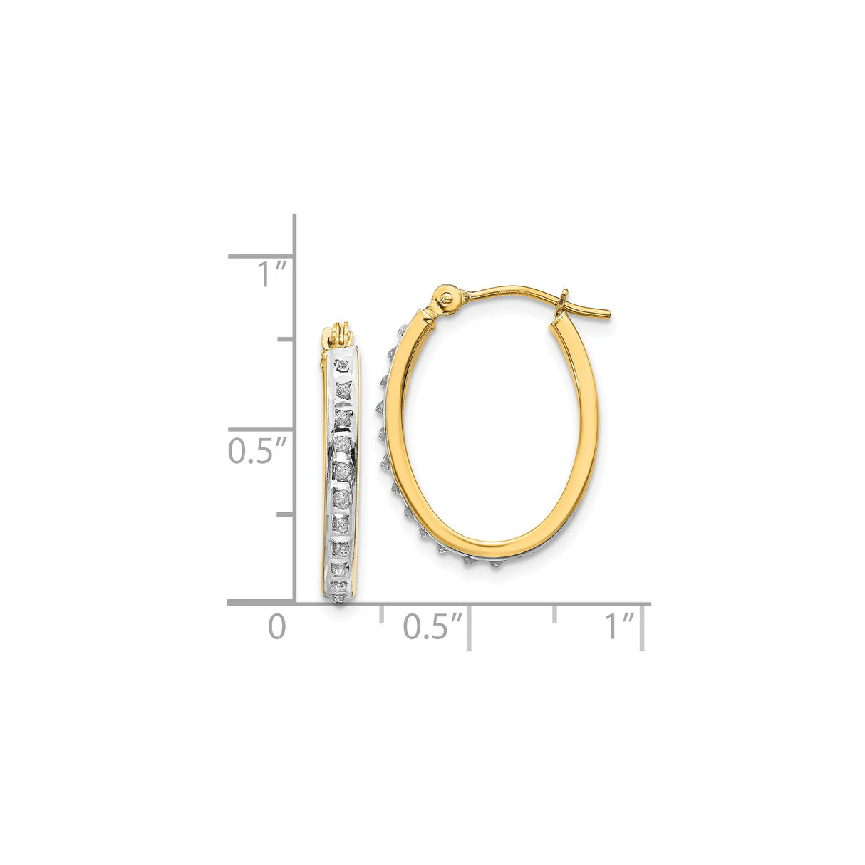 14k Yellow Gold Hoop Earrings with Diamonds and White Gold Accents, Oval Classic Design