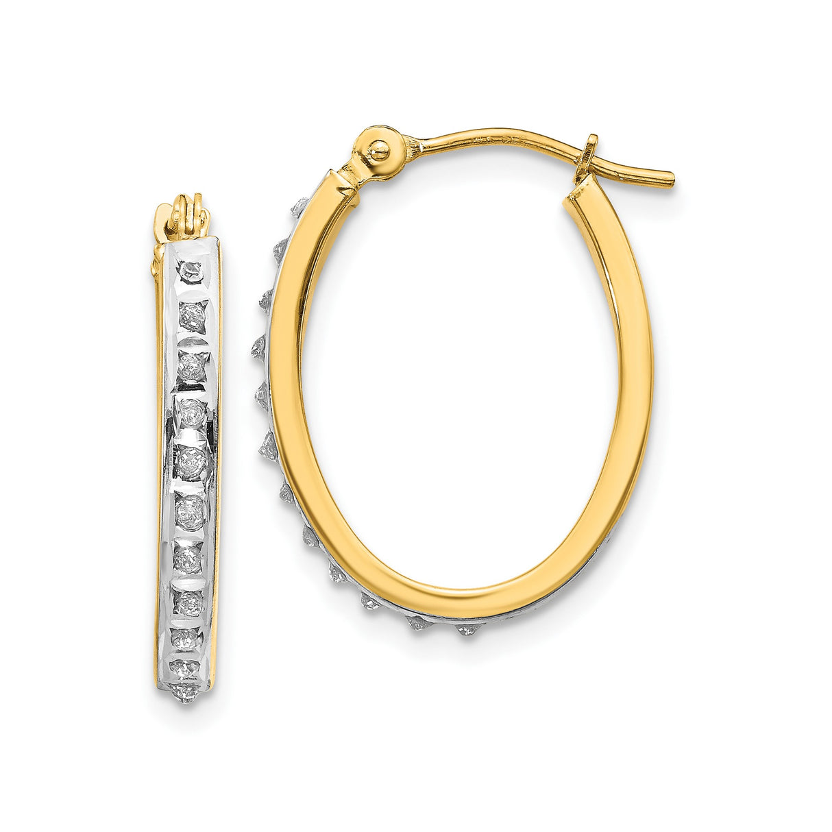 14k Yellow Gold Hoop Earrings with Diamonds and White Gold Accents, Oval Classic Design