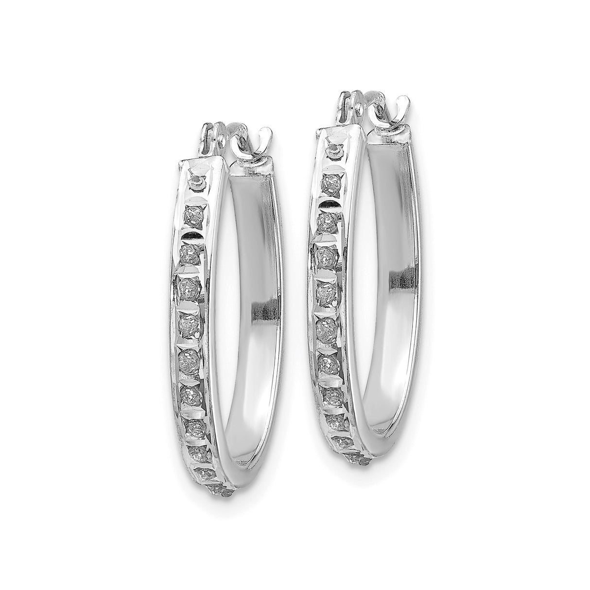 14k White Gold Oval Hoop Earrings with Channel Set Round Diamonds, Polished Finish