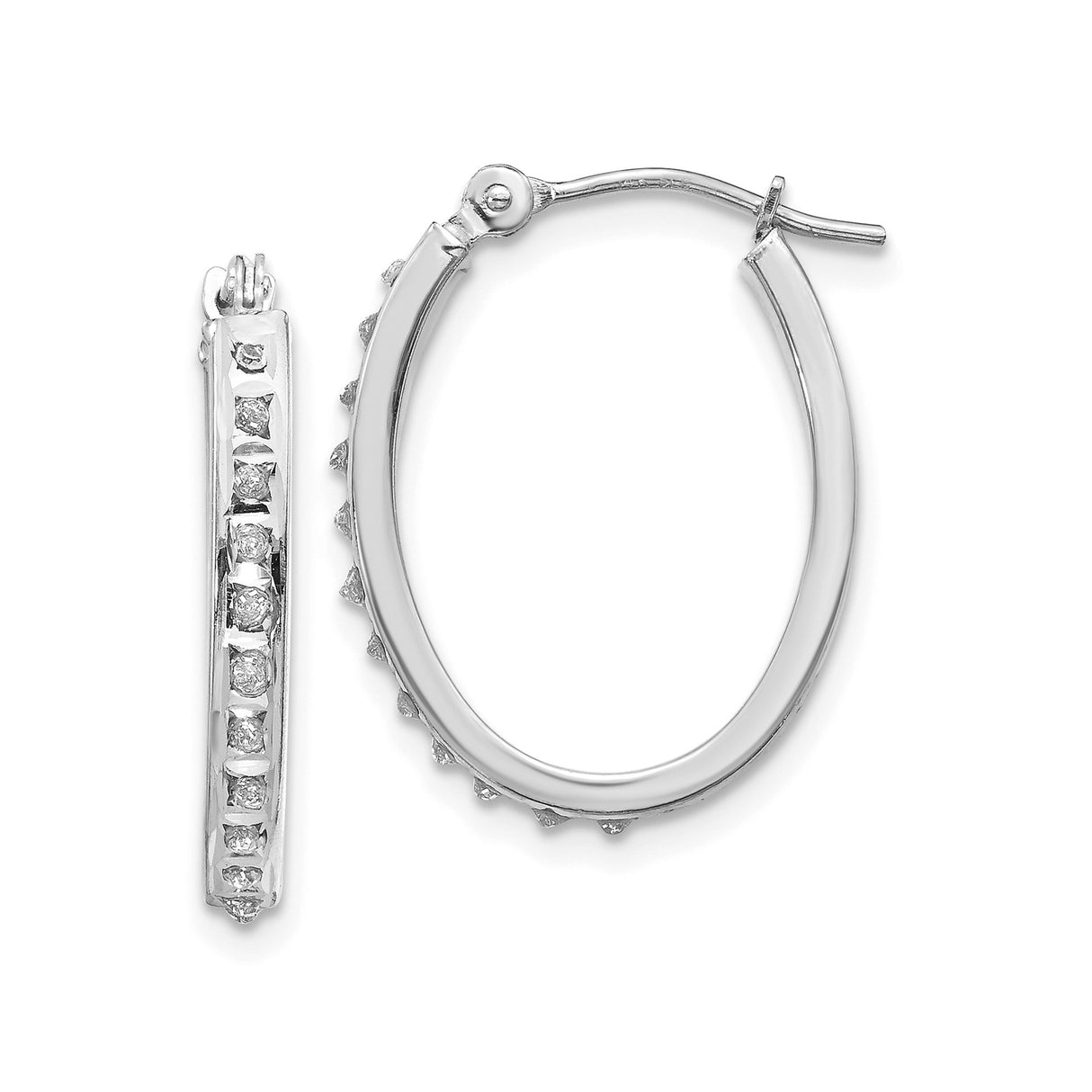14k White Gold Oval Hoop Earrings with Channel Set Round Diamonds, Polished Finish